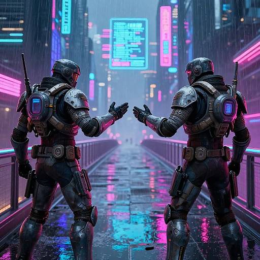 Digital artwork of two armored soldiers facing each other in a neon-lit, rain-soaked futuristic city street, exchanging gestures. Bright pink and blue lights