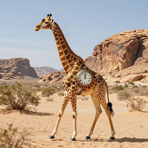Photograph of a giraffe with a clock attached to its side walking in a sunny, rocky desert landscape with sparse vegetation.