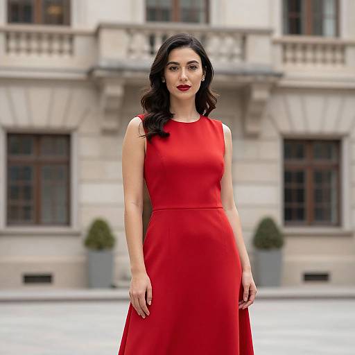 Photograph of a fair-skinned woman with wavy black hair, wearing a sleeveless, vibrant red dress, standing in front of a classic,