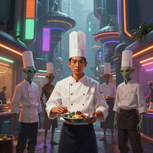 Synthetic Chefs in Neon Alien Neighborhood