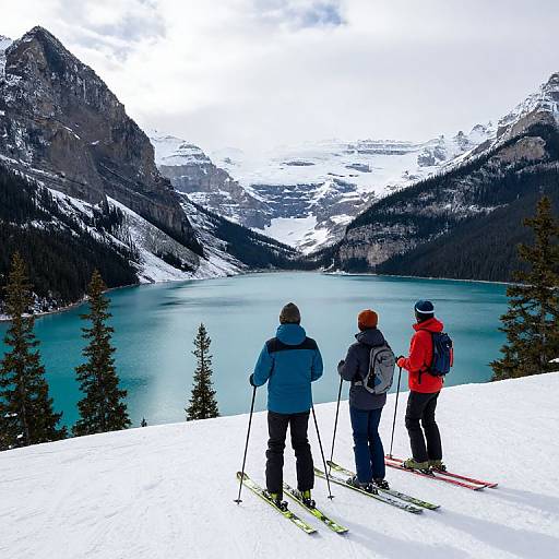 Photograph of three skiers in winter gear, standing on snowy slope, facing turquoise lake and snow-capped mountains under cloudy sky.