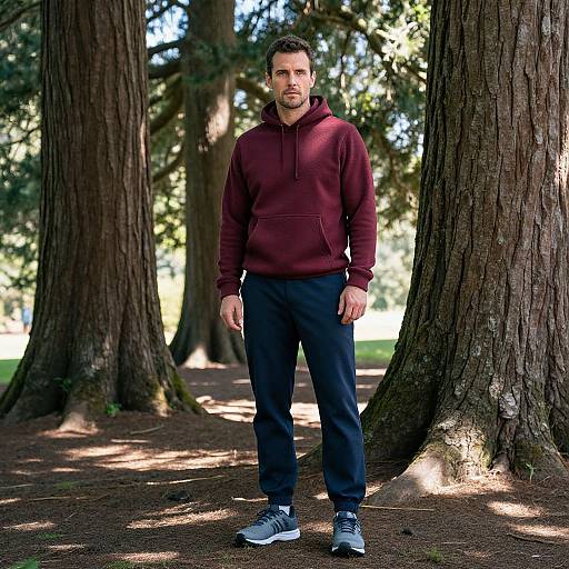 Photograph of a bearded man with short dark hair, wearing a maroon hoodie, black pants, and gray sneakers, standing in a sunlit
