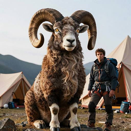 Photograph of a large, curly-haired ram with massive horns standing in front of a young man in hiking gear, with tents in the mountainous background