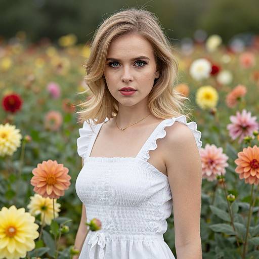 Blonde Woman in Colorful Dahlia Field