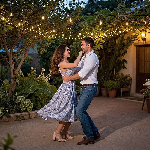 Photograph of a couple dancing under string lights in a garden at dusk; woman in floral dress, man in white shirt and jeans.