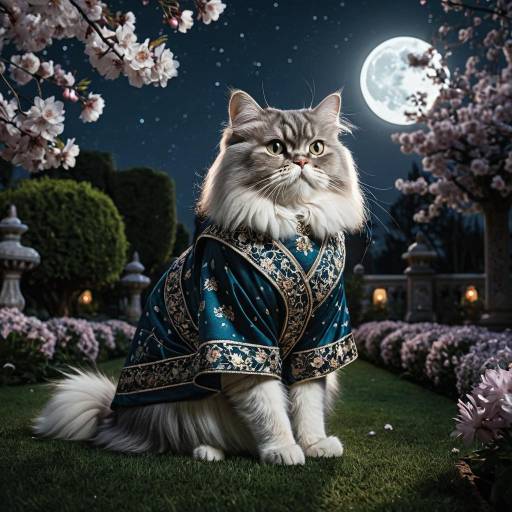 Elegant Persian Cat in Moonlit Garden