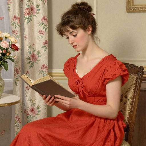 Victorian-style photograph of a fair-skinned woman with dark hair in a red dress, reading a book in a floral-curtained room.