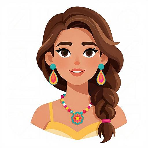 Digital illustration of a smiling woman with brown hair in a braid, wearing yellow top, colorful earrings, and necklace, white background.