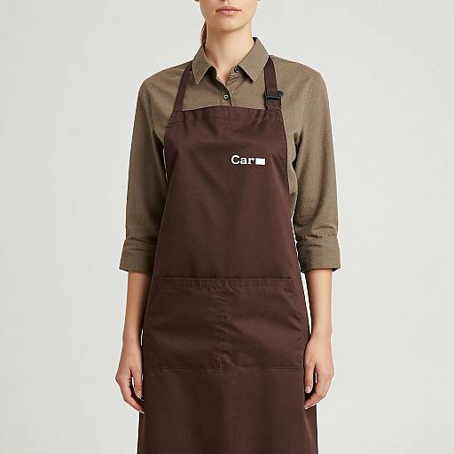 Photograph of a light-skinned person wearing a brown apron over a green button-up shirt, with a small 