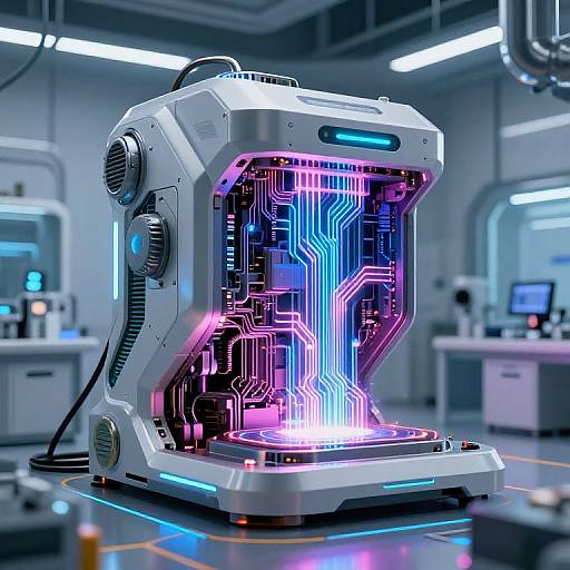 Photorealistic CGI of a futuristic, glowing, neon-lit, robotic circuitry device in a sleek, high-tech lab with blue and white lighting