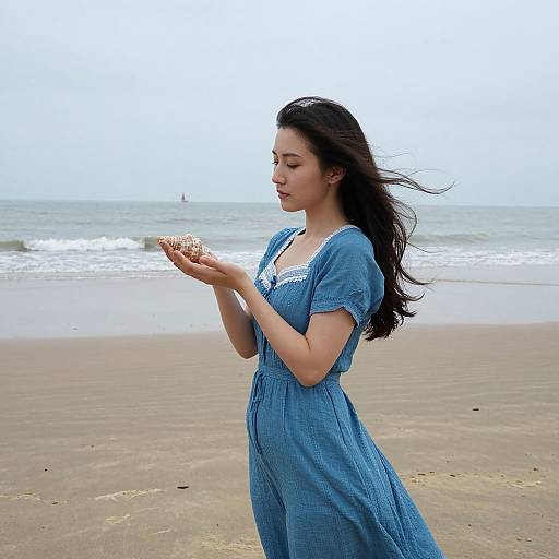 Asian woman with long black hair in blue dress holds seashells on sandy beach, waves and cloudy sky in background.