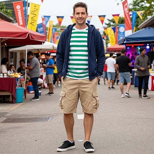 Photograph of a smiling man in a green-striped shirt, navy jacket, beige cargo shorts, and black sneakers, standing in a colorful, bustling outdoor