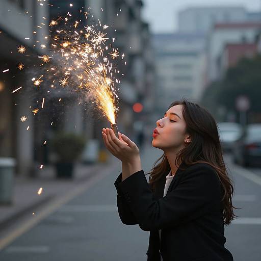 Photograph of a young woman with long dark hair, wearing a black jacket, holding a lit sparkler, blowing out sparks on an urban street.