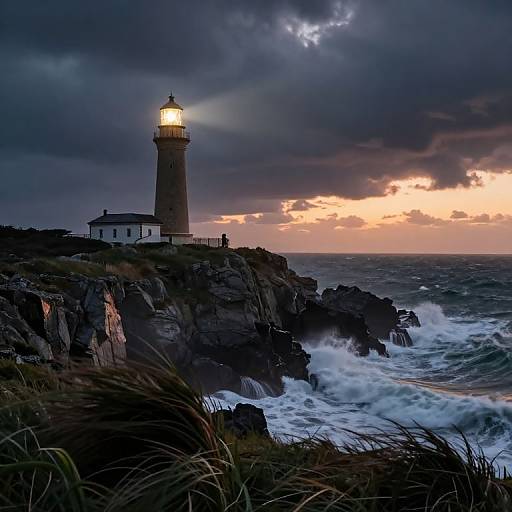 Photograph of a dramatic sunset over a rocky coastline, featuring a glowing lighthouse on a cliff, with turbulent waves crashing below. Dark, stormy