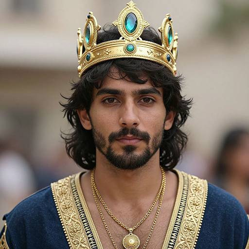 Photograph of a dark-haired, bearded man with medium skin wearing an ornate gold crown with blue jewels, a gold necklace, and an elaborate