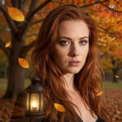 Photograph of a fair-skinned woman with long, wavy red hair, blue eyes, and autumn leaves, holding a lantern in a colorful fall