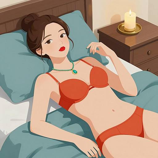 Young Woman in Red Lingerie Relaxing on Bed