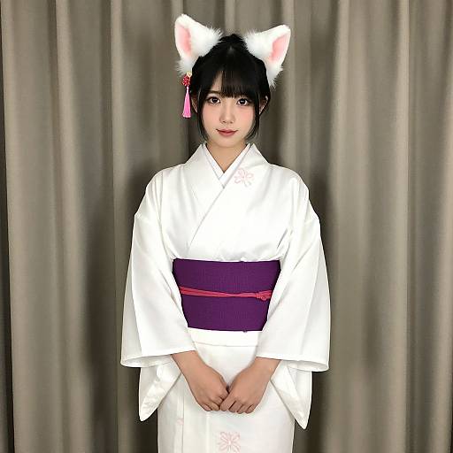 Photograph of an East Asian woman with black hair, wearing a white kimono with a purple obi, white cat ears, and pink hairpin