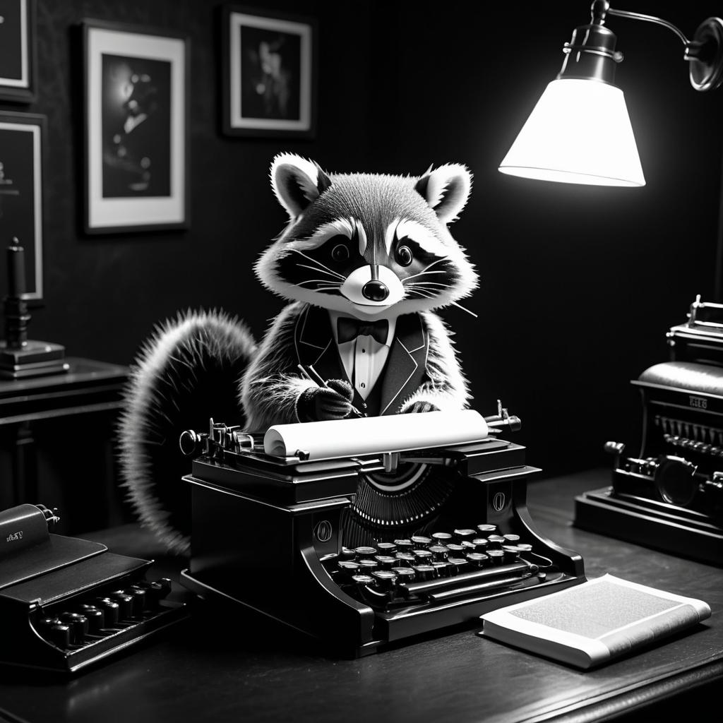 Raccoon Author in Noir Vintage Setting