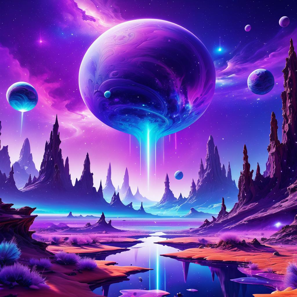 Vivid Alien Landscape with Floating Crystals