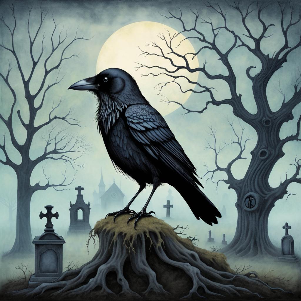 Whimsical Raven in Eerie Graveyard Art