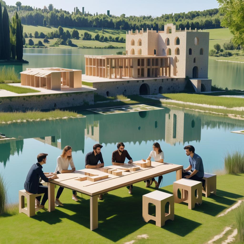 Architects Collaborating by a Serene Lake