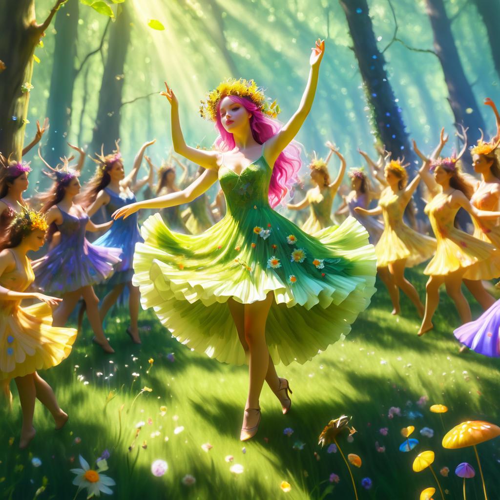 Whimsical Nymph Dance in Sunlit Meadow