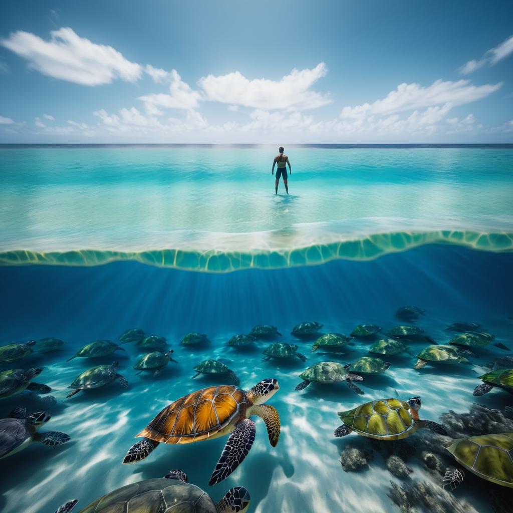 Lone Swimmer Among Vibrant Sea Turtles