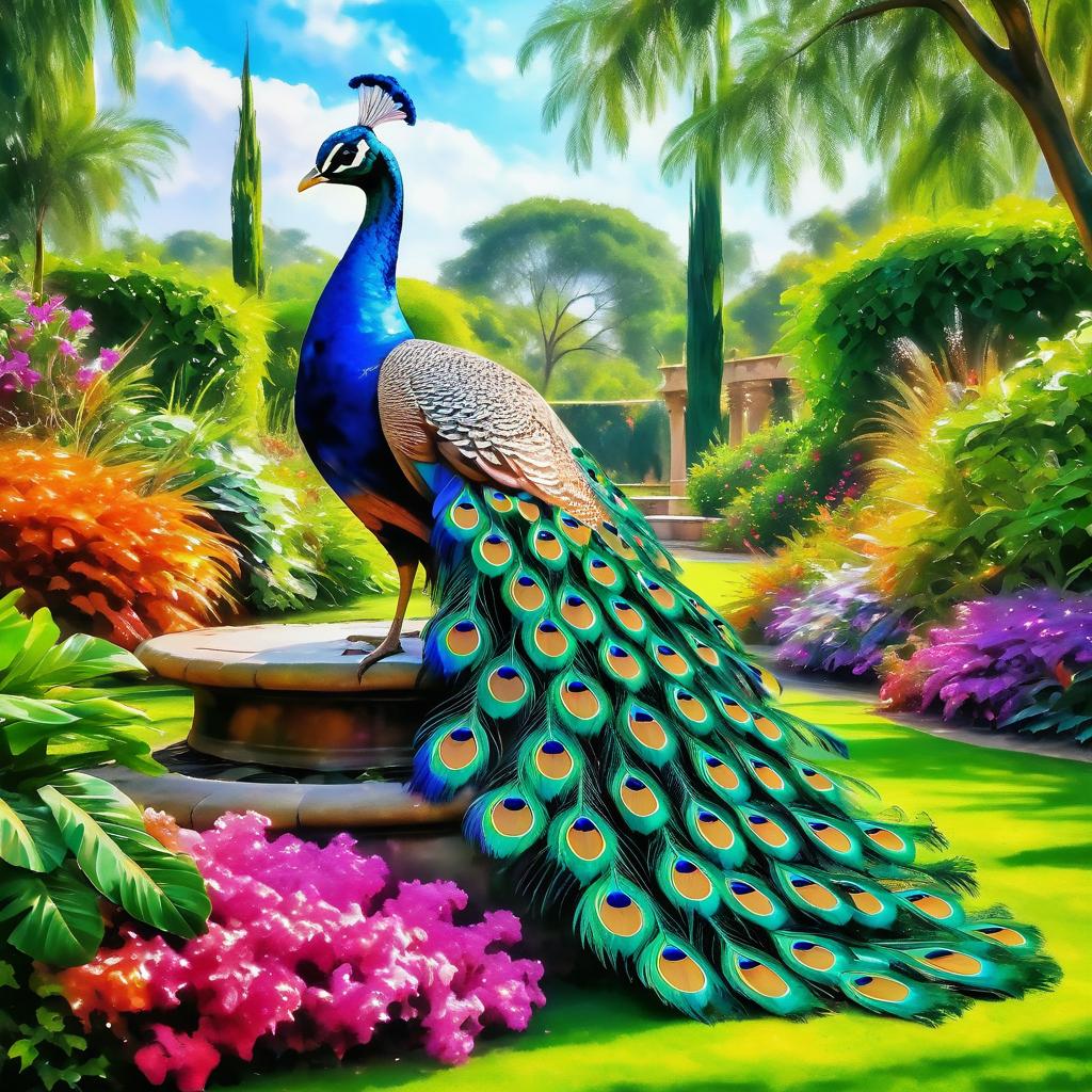 Vibrant Peacock in Tranquil Garden Art