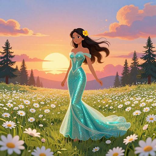 Whimsical Woman in Daisy Field Sunset