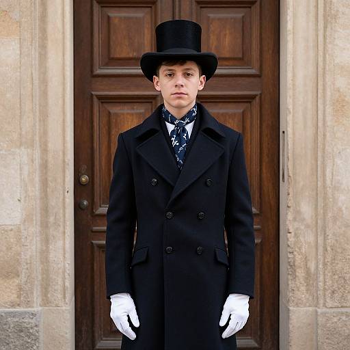 Photograph of a young boy in a black top hat, double-breasted black coat, white gloves, patterned scarf, standing in front of a
