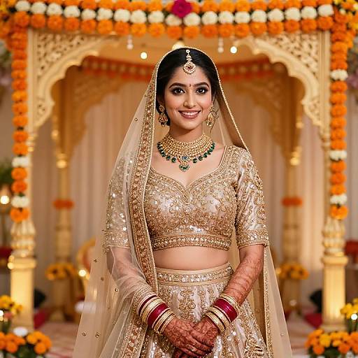 Photograph of a smiling Indian bride in a gold embroidered lehenga, veil, and jewelry, standing in a floral-decorated, ornate wedding