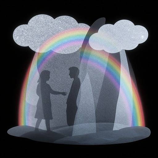 Silhouetted couple under rainbow arching between two glittery clouds, standing on a textured, wavy ground. Digital art with a dreamy