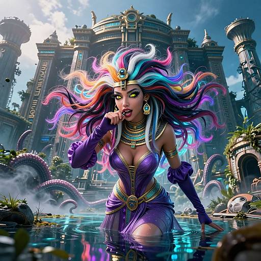 Digital fantasy artwork of a seductive, colorful-haired woman in a purple dress, kneeling in water before an ancient, ruined temple.