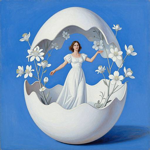 Digital art of a woman in a white dress standing within a white, flower-adorned crescent moon against a bright blue background.