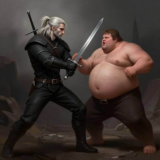 Digital artwork: A lean, white-haired warrior in black armor faces a shirtless, obese man with a sword, in a dark, rocky landscape.