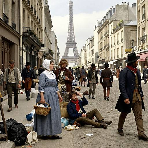 Photograph of a bustling Parisian street with the Eiffel Tower in the background. Women in blue dresses and white headscarves sell baskets,