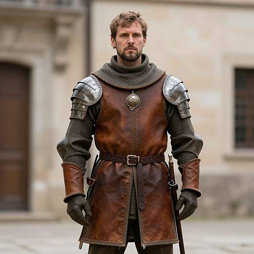 Photograph of a serious, bearded man in medieval armor, brown leather tunic, and chainmail, standing in front of a blurred stone building