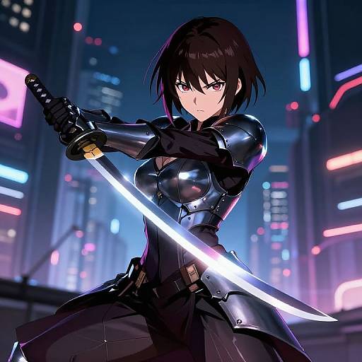 Digital anime-style drawing of a serious, black-haired, armored woman wielding a glowing sword in a neon-lit, futuristic cityscape.