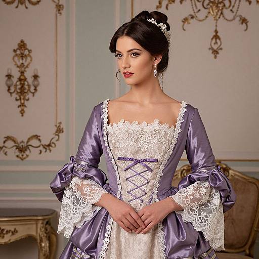 Photograph of a fair-skinned woman with black hair in an elegant updo, wearing a purple satin Renaissance-style gown with white lace trim, standing