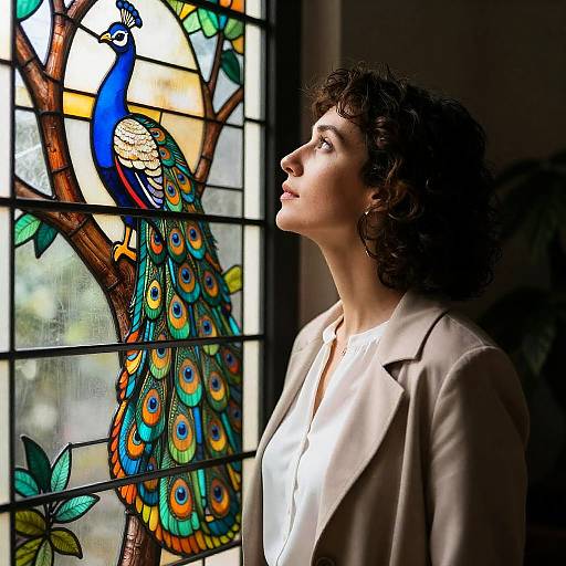 Woman Gazing at Stained Glass Beauty