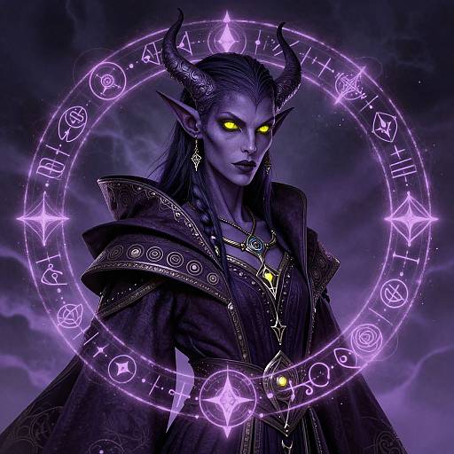 Digital artwork of a dark purple-skinned, glowing-yellow-eyed demoness with black horns, wearing ornate, black robes, surrounded by a glowing,