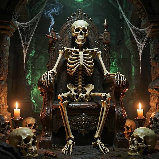 Photograph of a skeletal figure on a dark, ornate throne, smoking, surrounded by candles, skulls, and spider webs in a dimly lit