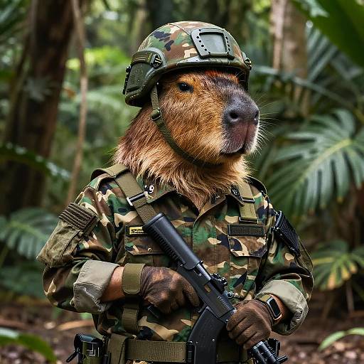 Heroic Military Capybara in Jungle