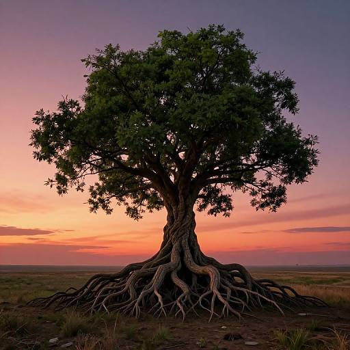 Photograph of a solitary, large tree with sprawling roots against a vibrant sunset sky, featuring pink, orange, and purple hues.