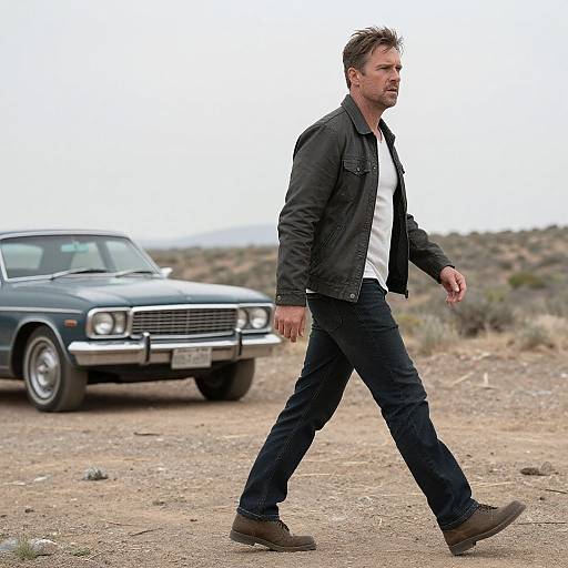 Photograph of a bearded man in black jacket, white shirt, and dark jeans walking across a desert with a vintage blue car in the background.