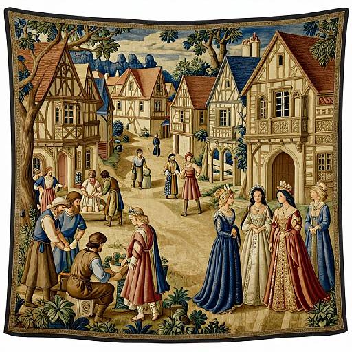 Medieval village scene painting with detailed, colorful houses, people in period clothing, women in elaborate dresses, men in tunics, children interacting, lush