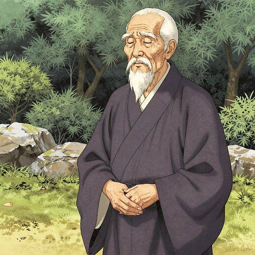 Digital anime-style illustration of an elderly Asian man with white hair and beard, wearing a dark purple kimono, standing in a forest clearing with greenery