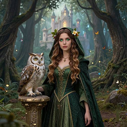 Digital fantasy artwork of a green-eyed, long-haired fairy princess in an ornate green dress, standing beside a wise owl on a pedestal, with a