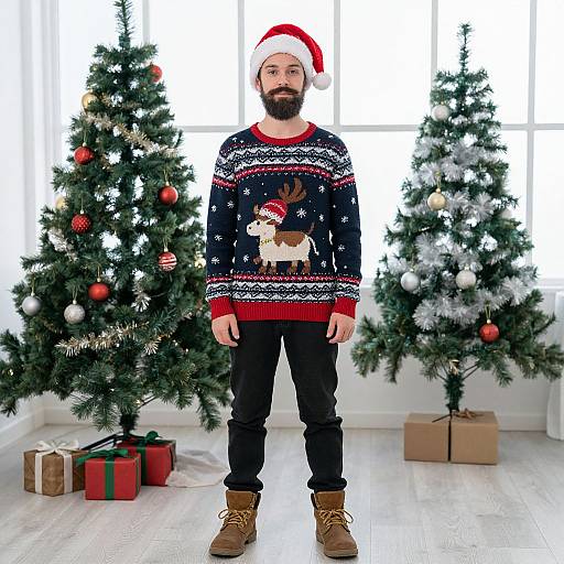 Photograph of a bearded man with a black beard wearing a red Santa hat, dark sweater with reindeer, black pants, and brown boots,